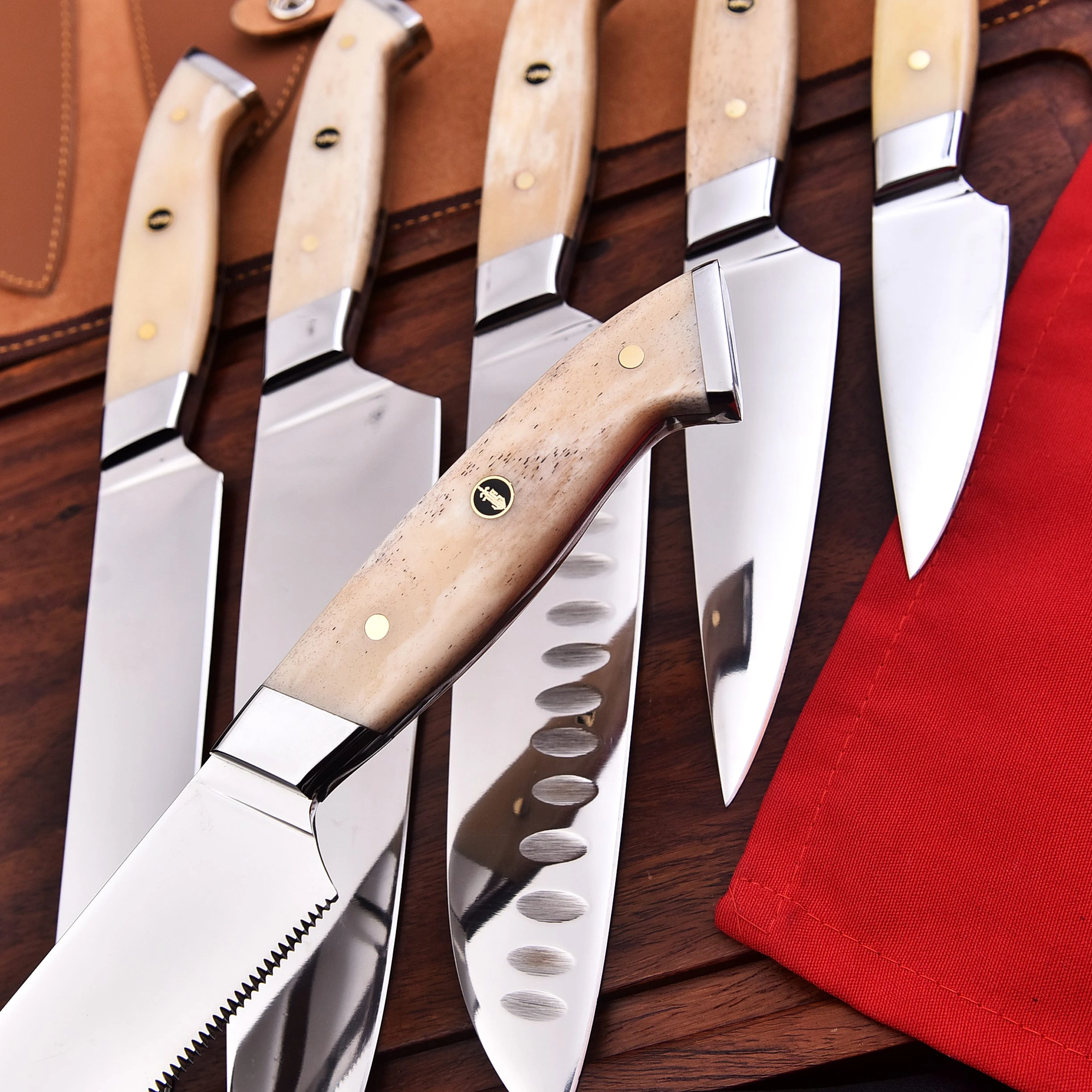Handmade Chef Knife Set, 440C Stainless Steel Kitchen Knives with Camel Bone Handles - Image 2
