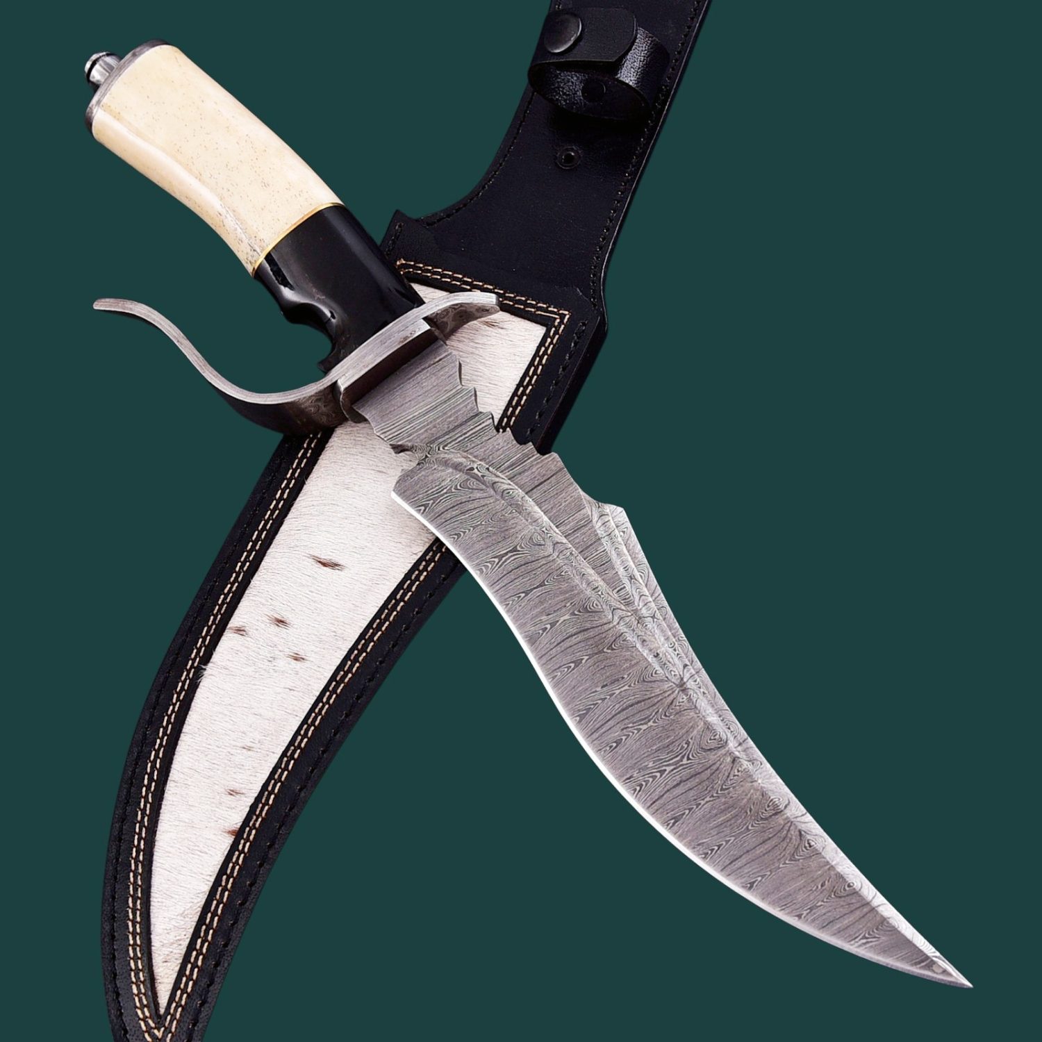 Handmade Damascus Bowie Knife, Unique Custom Hunting Knife with Camel Bone Handle