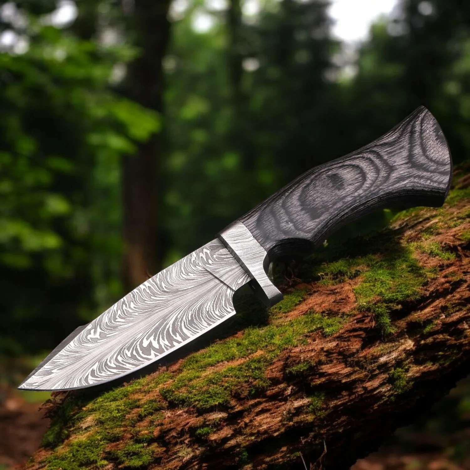 Damascus Hunting Knife, Handmade Bushcraft Knife with Leather Sheath