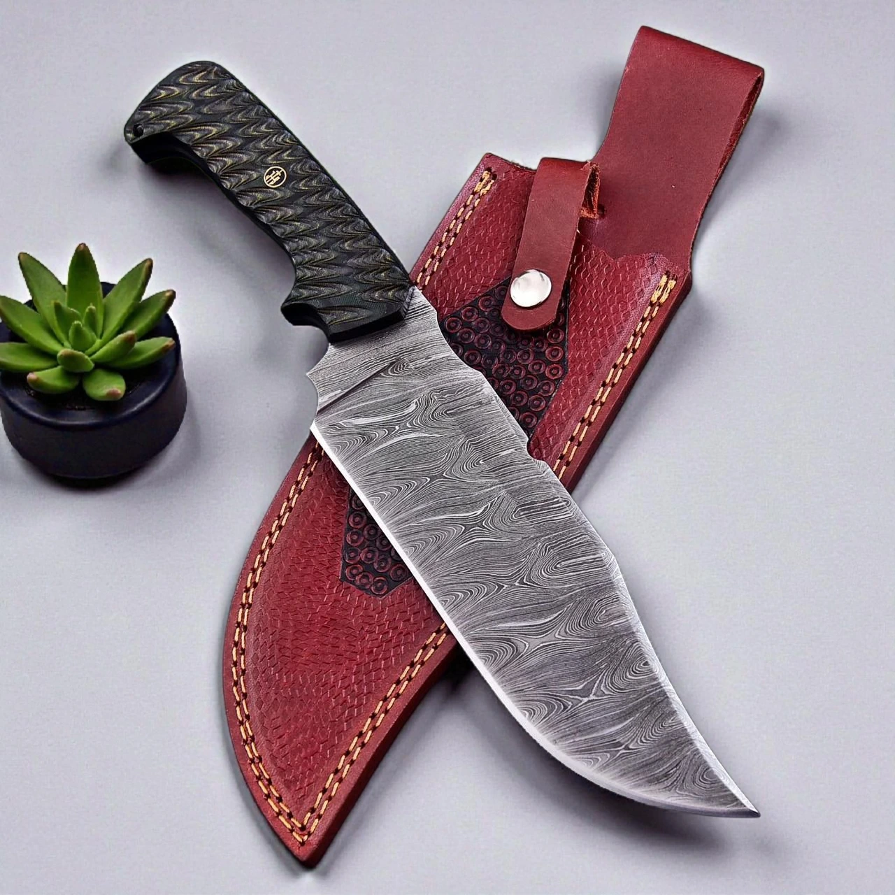 Hand forged Damascus Bowie Knife, Full Tang with Micarta Handle + Leather Sheath