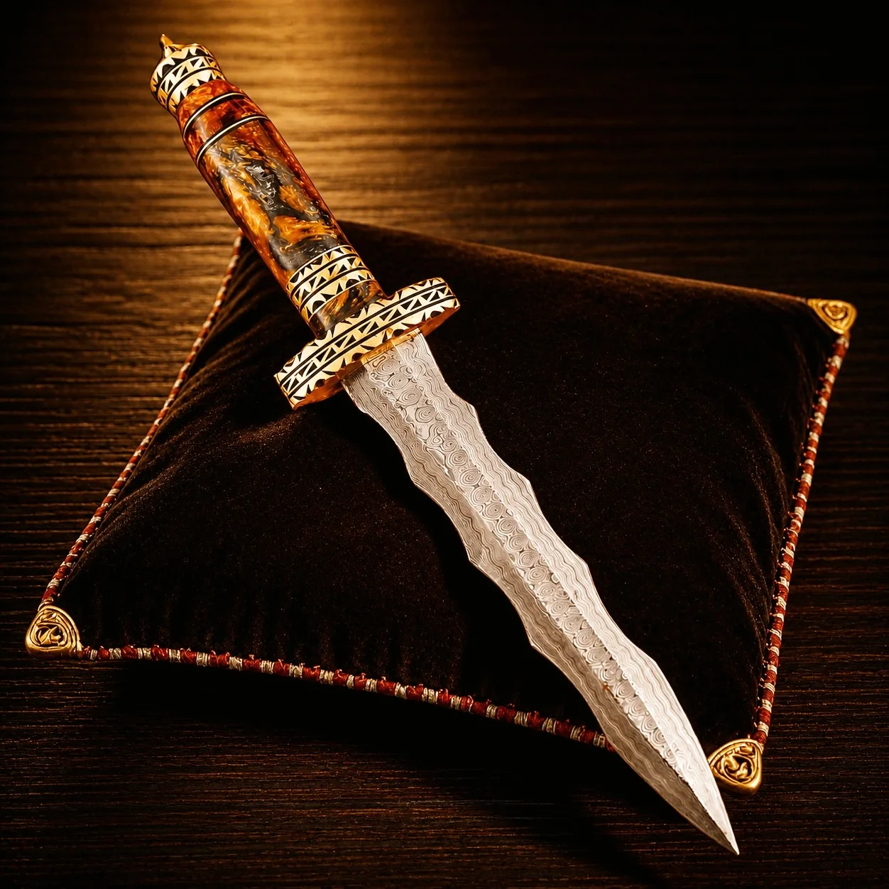 Handmade Damascus Steel Dagger, Fixed Blade Knife with Leather Sheath