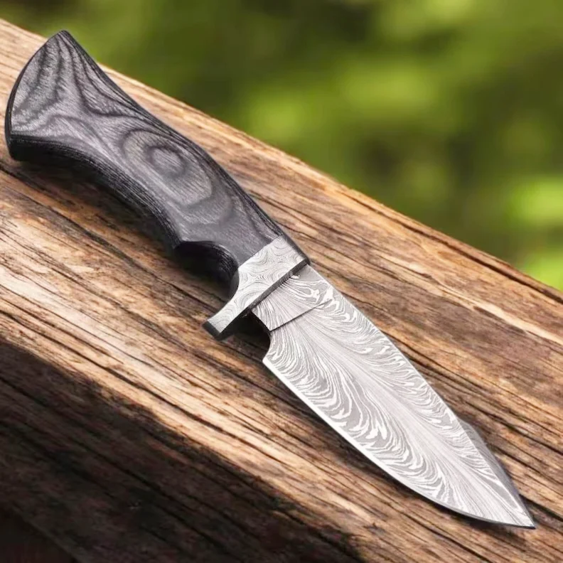 Damascus Hunting Knife, Bushcraft Knife, Handmade Survival Gear with Leather Sheath