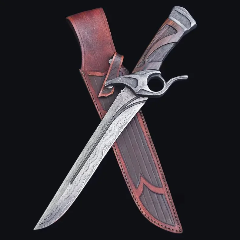 Hand Forged Damascus Bowie Knife, Rosewood Handle with Leather Sheath, Heirloom Gift for Him
