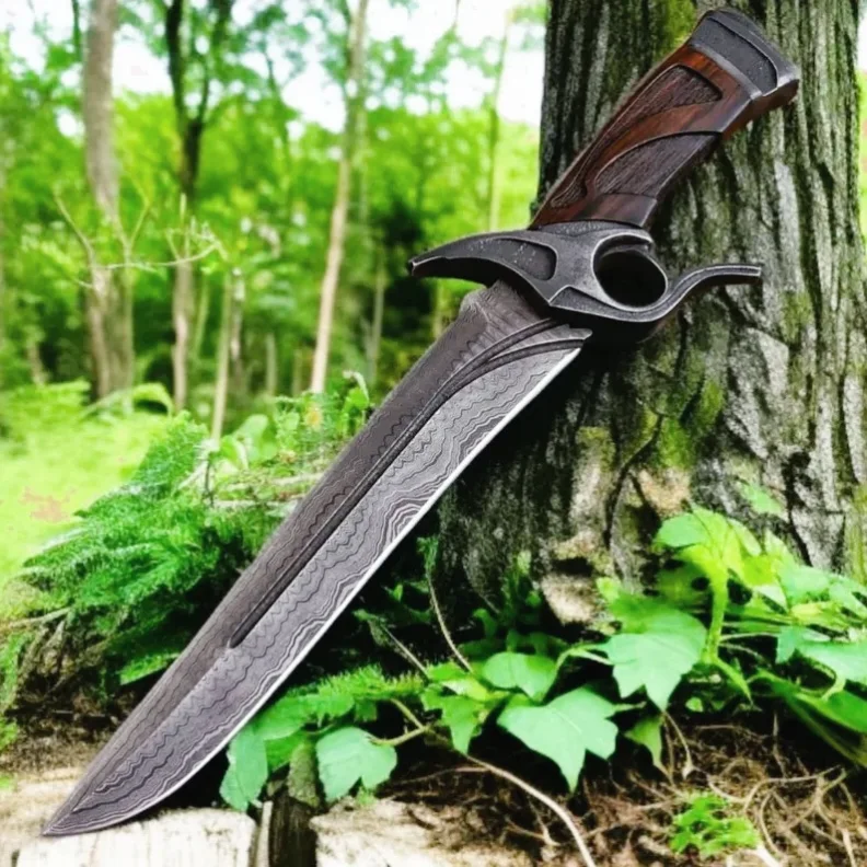 Hand Forged Damascus Bowie Knife, Rosewood Handle with Leather Sheath, Heirloom Gift for Him