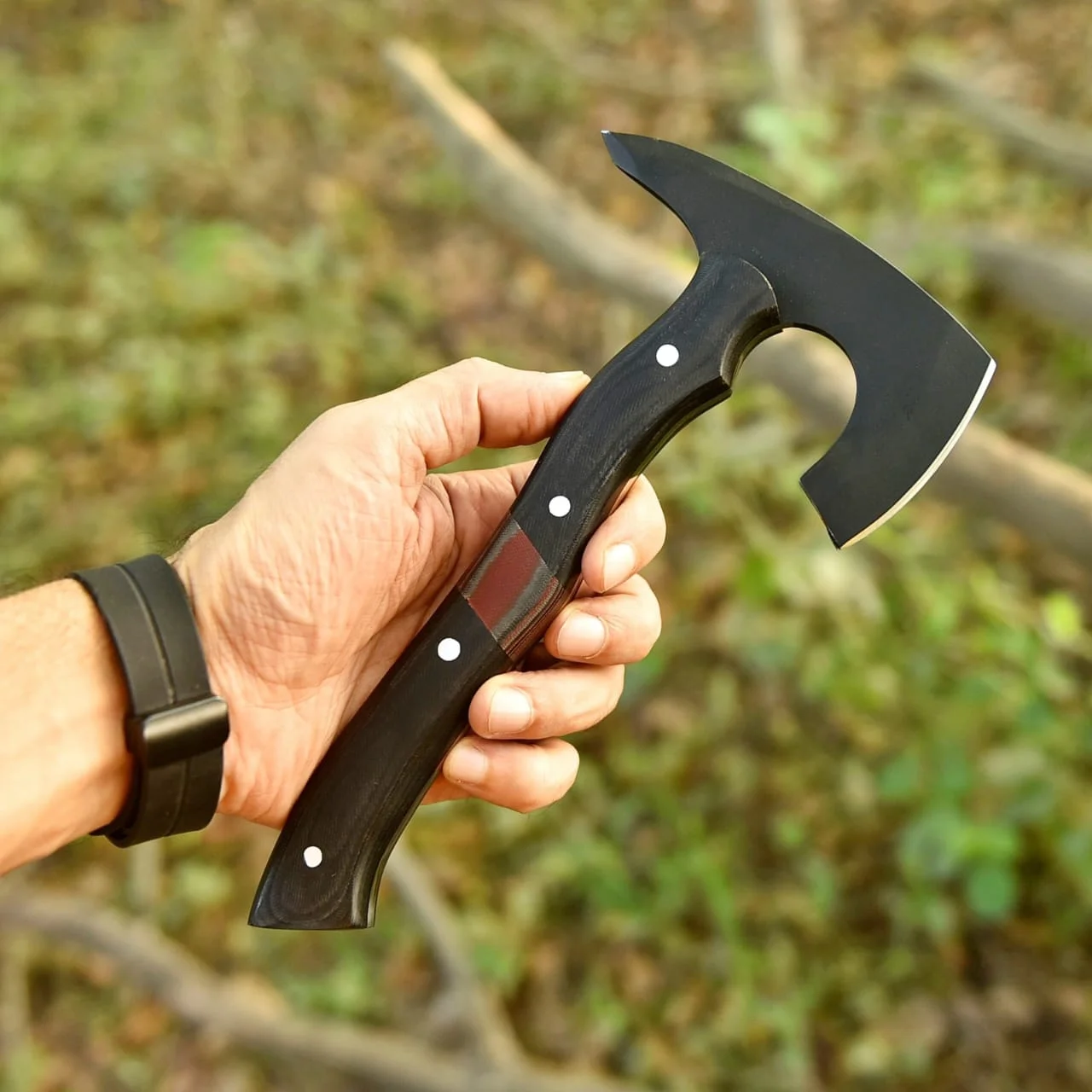 Forged Tomahawk, Full Tang Handmade Bushcraft Axe, High Carbon Steel with Micarta Handle - Image 3