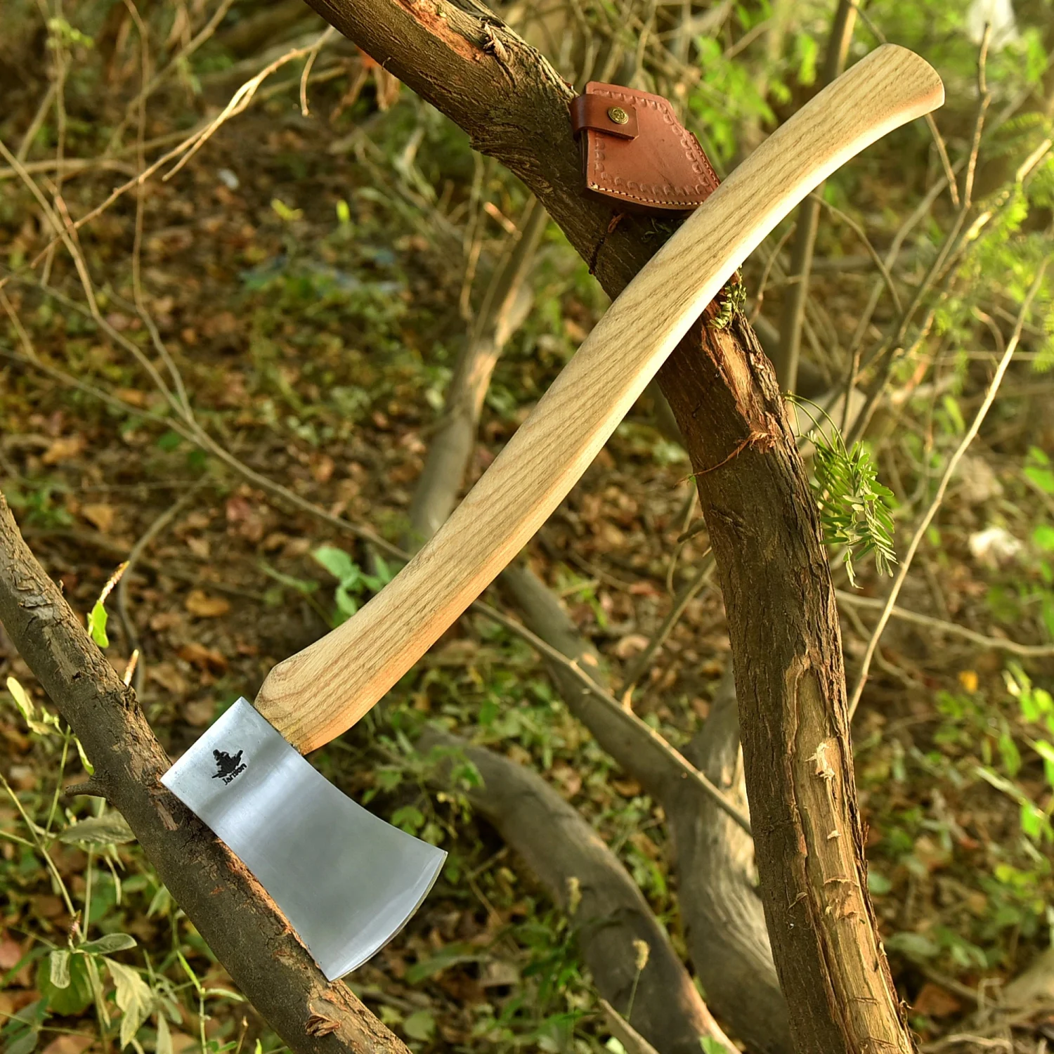 Forged Felling Axe 28″, Handmade Camping Axe, Ash Wood Handle with Leather Sheath