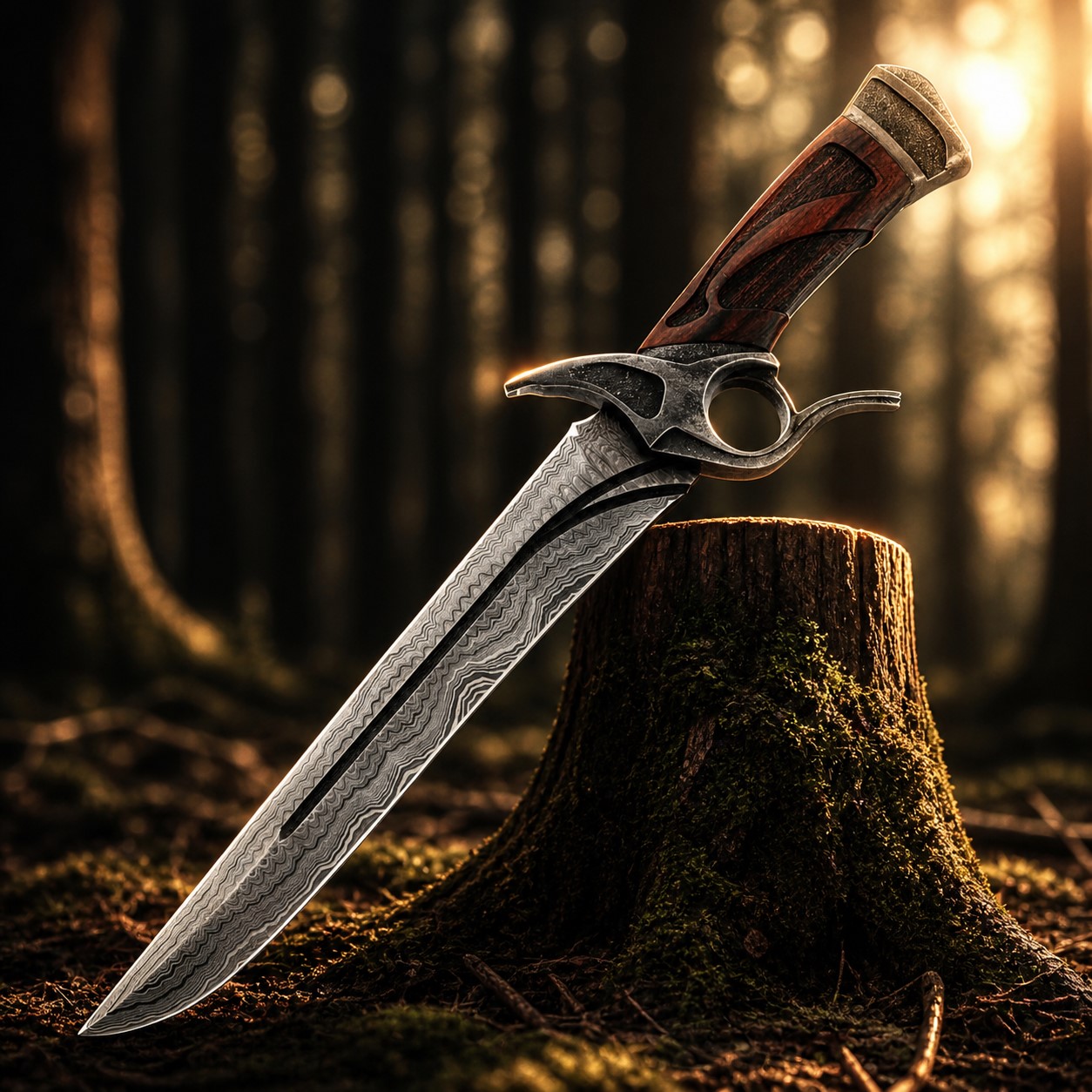 Hand Forged Damascus Bowie Knife, Rosewood Handle with Leather Sheath, Heirloom Gift for Him
