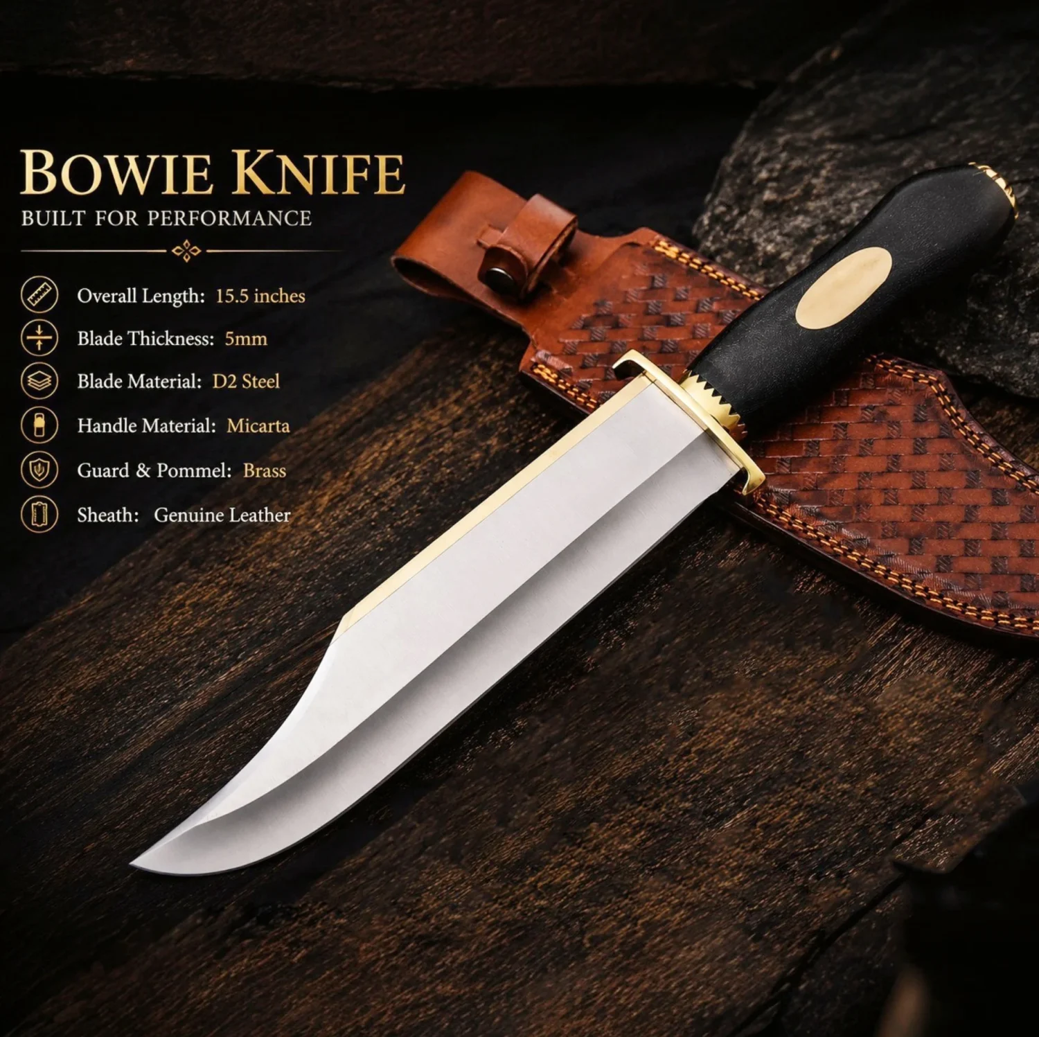 JS Handmade Bowie Knife, Custom Fixed Blade Knife with Micarta Handle