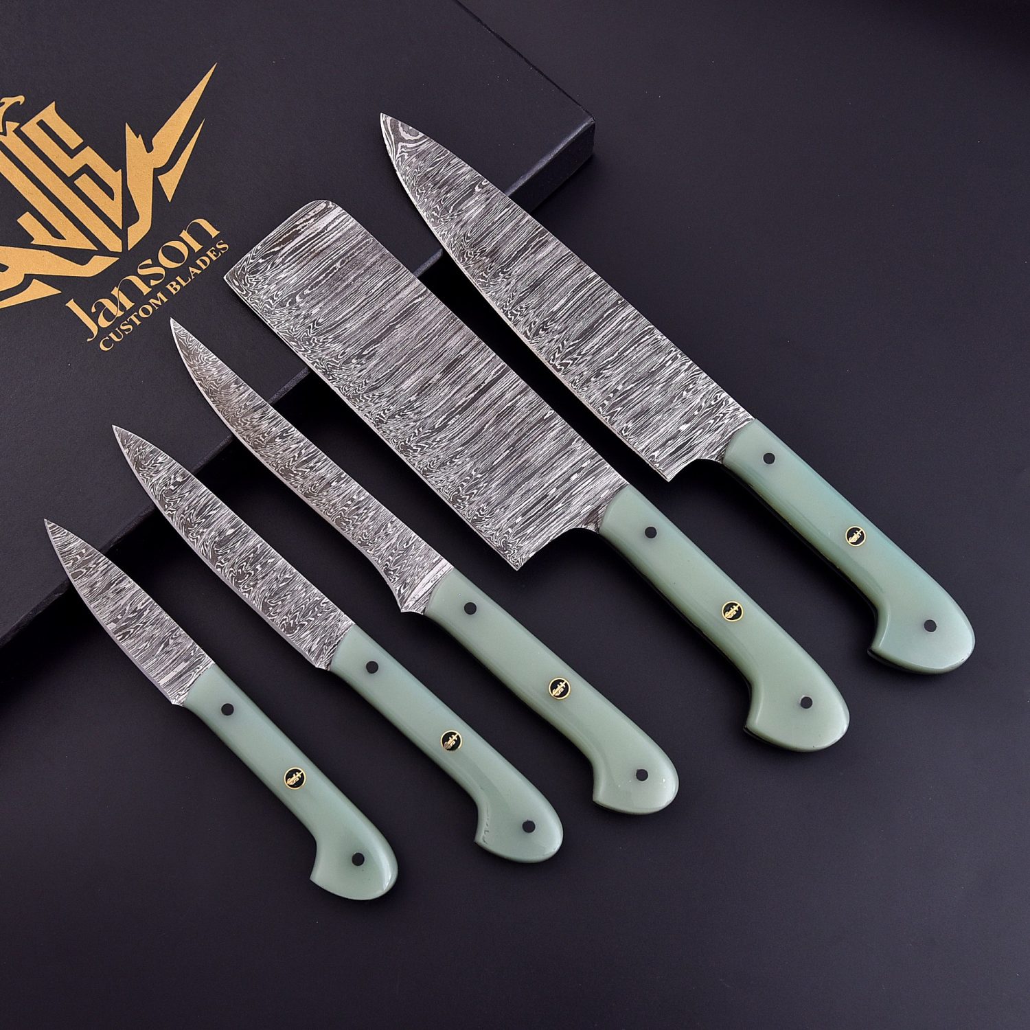 Damascus Steel Chef Knife Set, Unique Handmade Kitchen Knives with Resin Handle