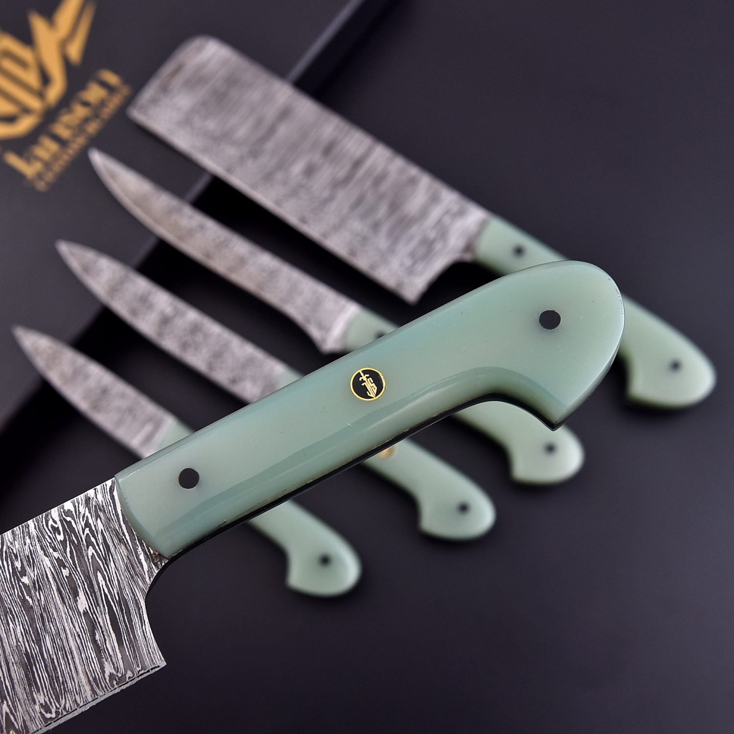Damascus Steel Chef Knife Set, Unique Handmade Kitchen Knives with Resin Handle
