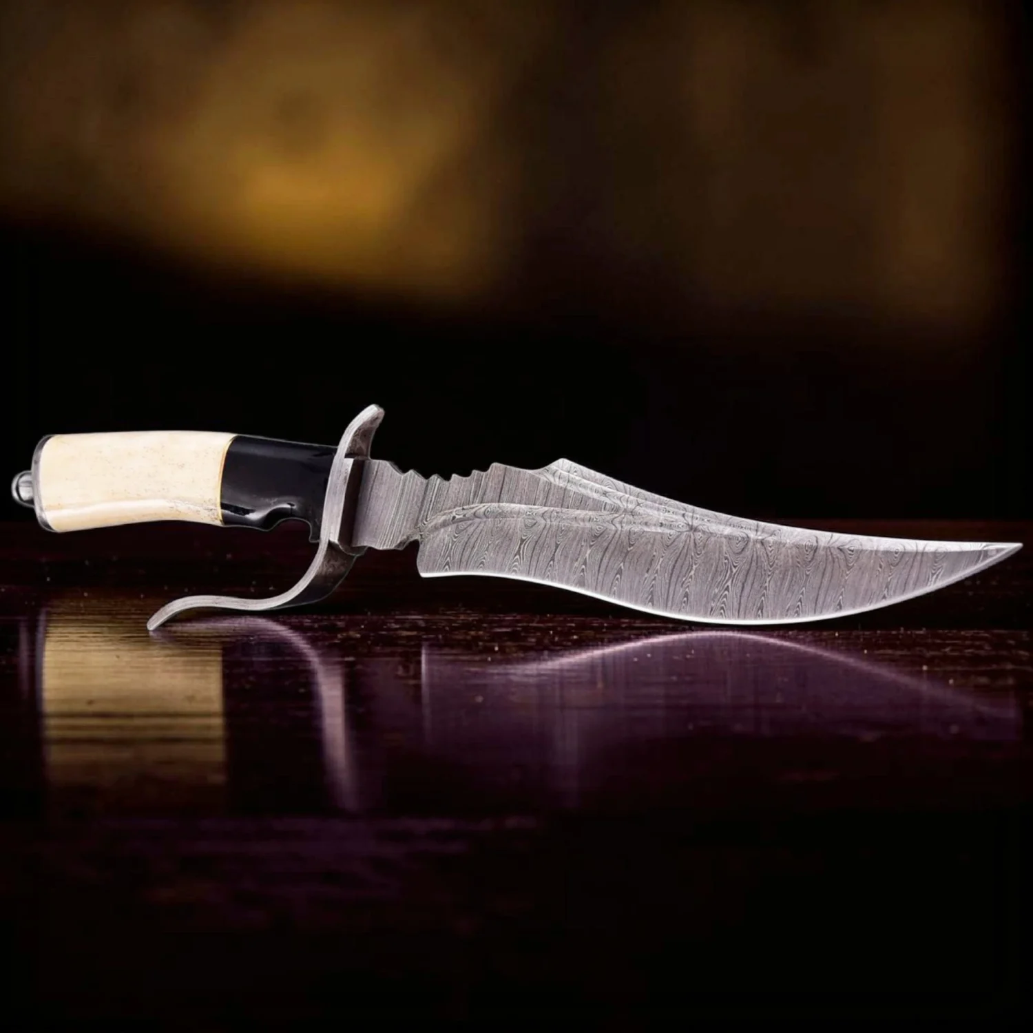 Handmade Damascus Bowie Knife, Unique Custom Hunting Knife with Camel Bone Handle