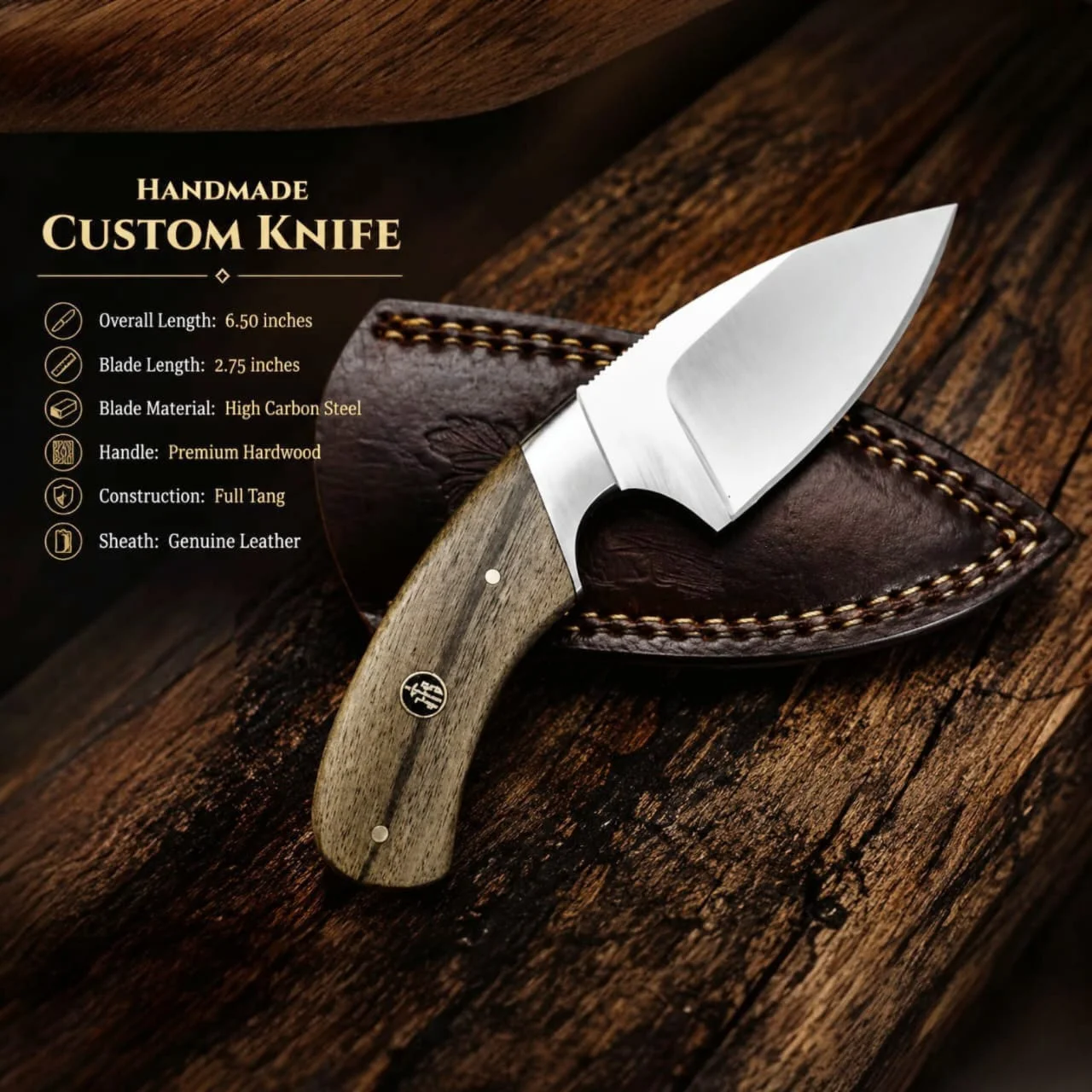 Handmade Skinning Knife, Full Tang Hunting Knife with Walnut Wood handle