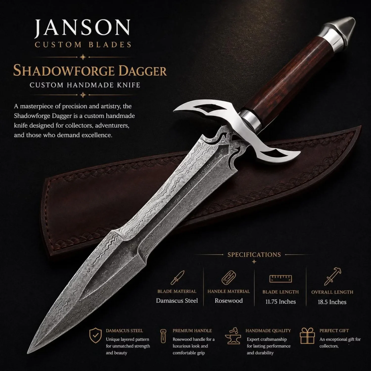 Hand forged Damascus Steel Dagger, Rosewood Handle, 18.5” Collector Dagger