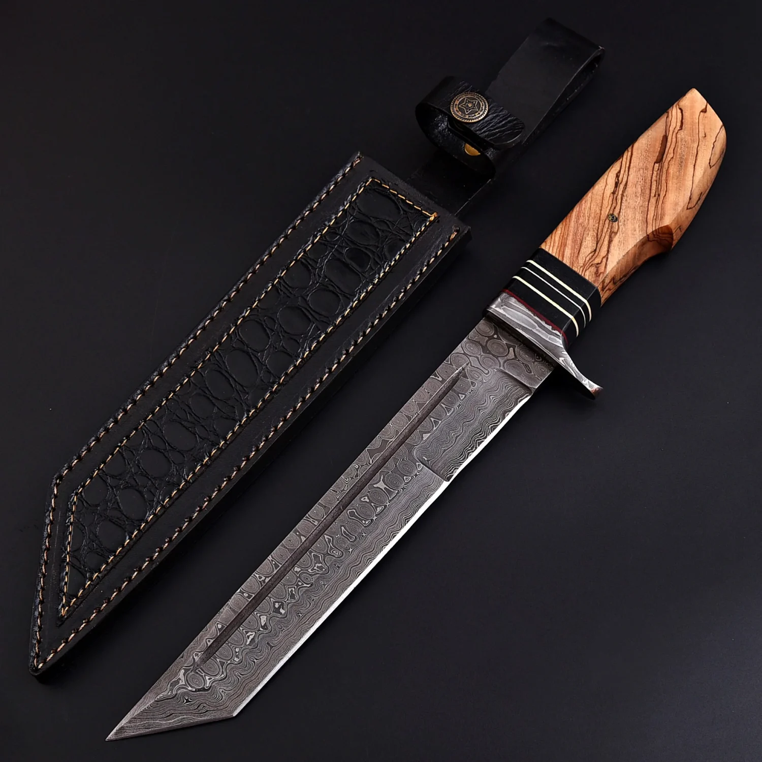 Damascus Tanto Knife, Handmade Hunting Knife, Koa Wood Handle, Leather Sheath