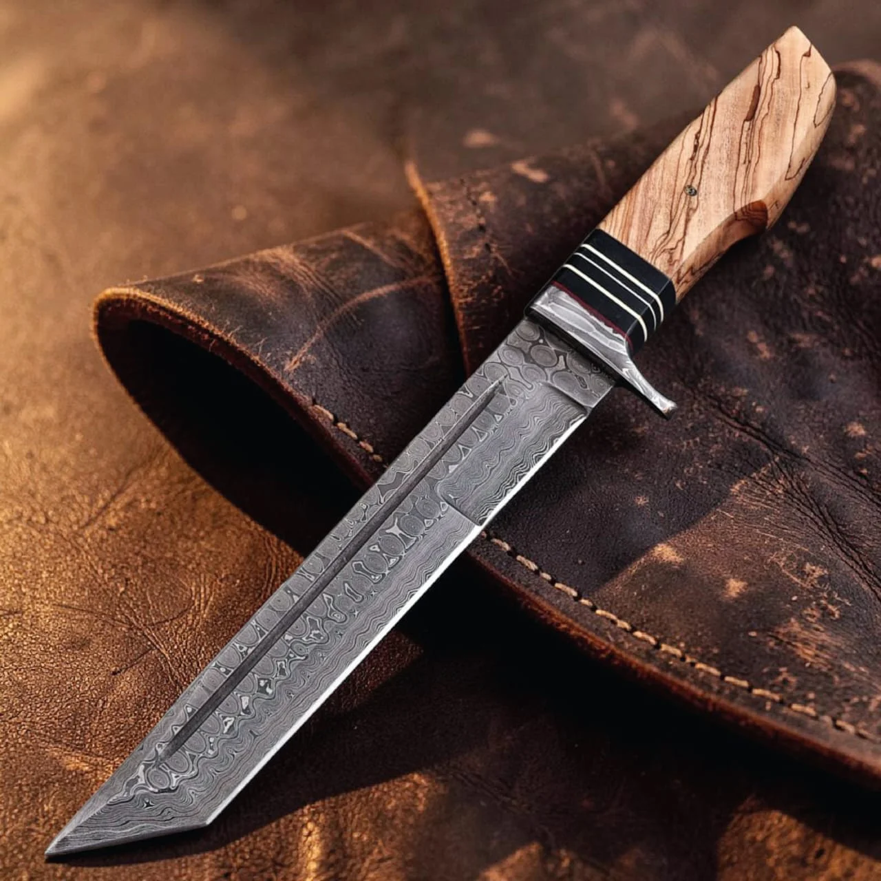 Damascus Tanto Knife, Handmade Hunting Knife, Koa Wood Handle, Leather Sheath