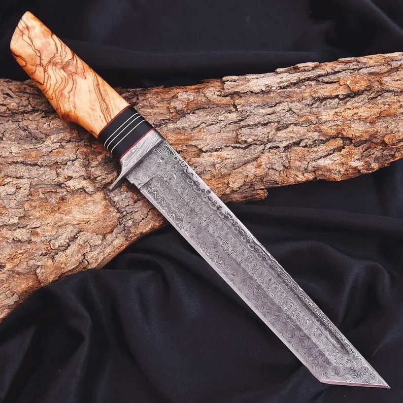 Damascus Handmade Tanto Knife, Fixed Blade Hunting Knife with Koa Wood Handle