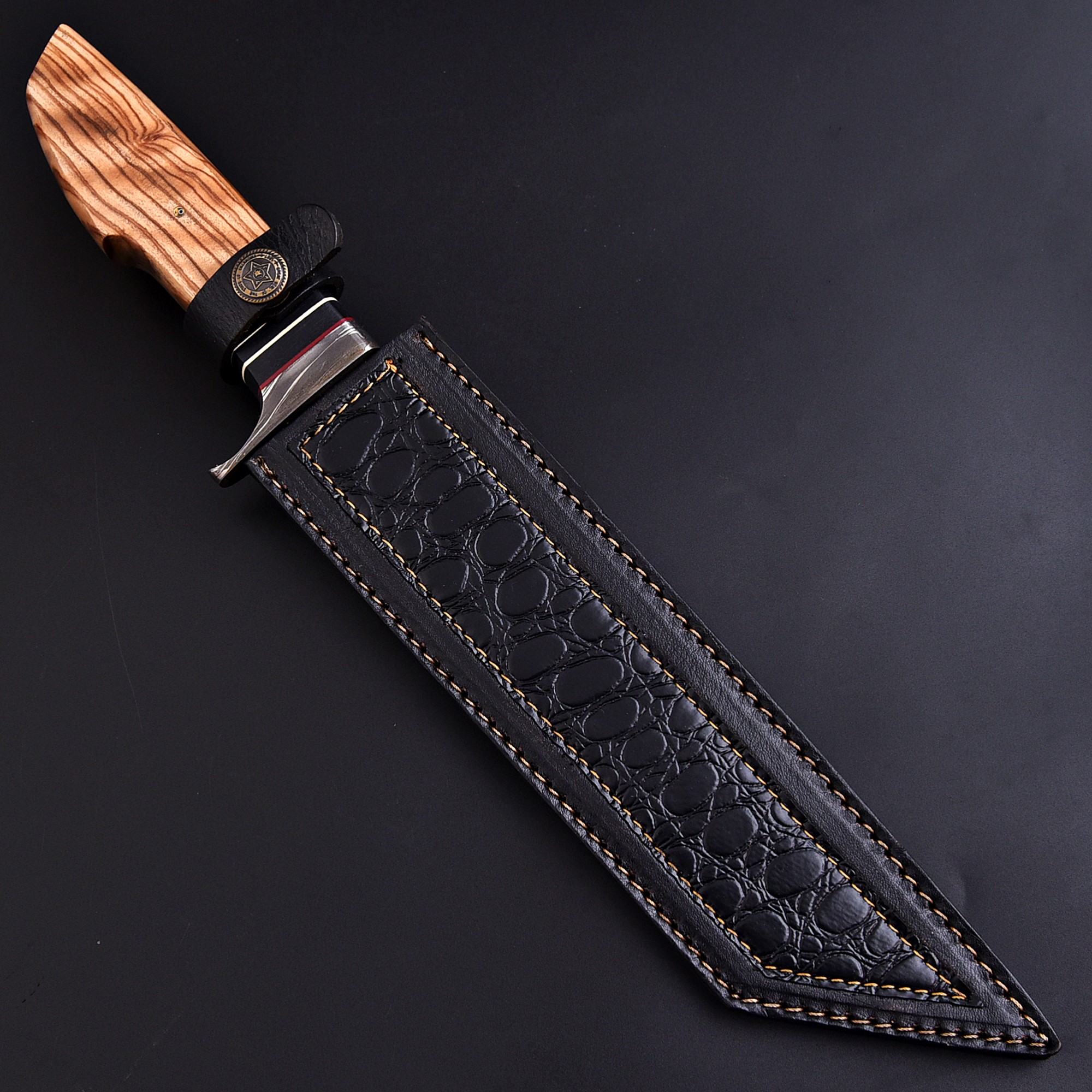 Damascus Tanto Knife, Handmade Hunting Knife, Koa Wood Handle, Leather Sheath - Image 3
