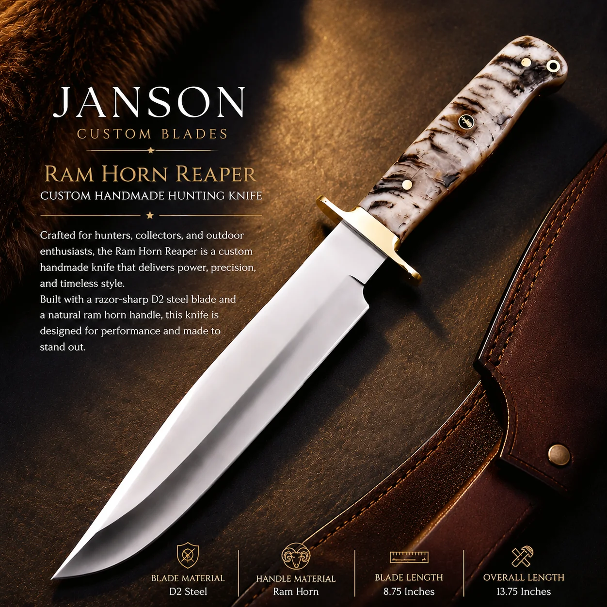 Ram Horn Reaper Bowie Knife, Handmade Hunting Knife, Leather Sheath