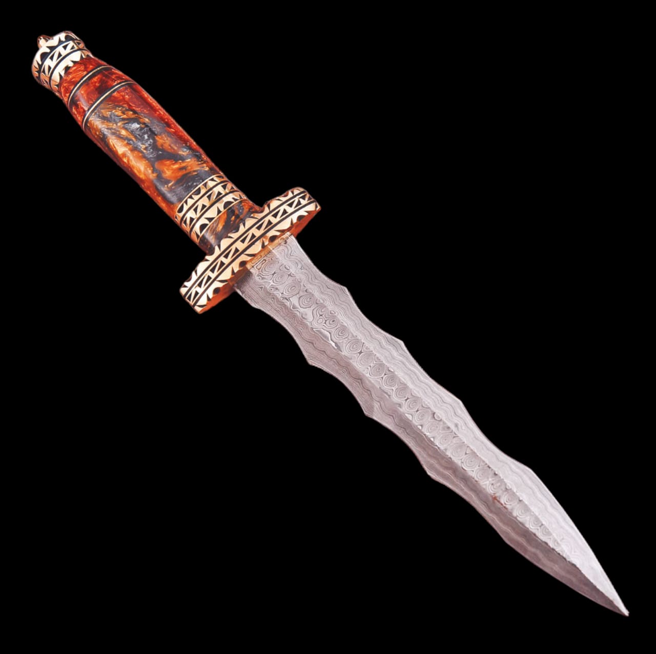 JS Damascus Steel Dagger Knife, Fiery Resin Handle