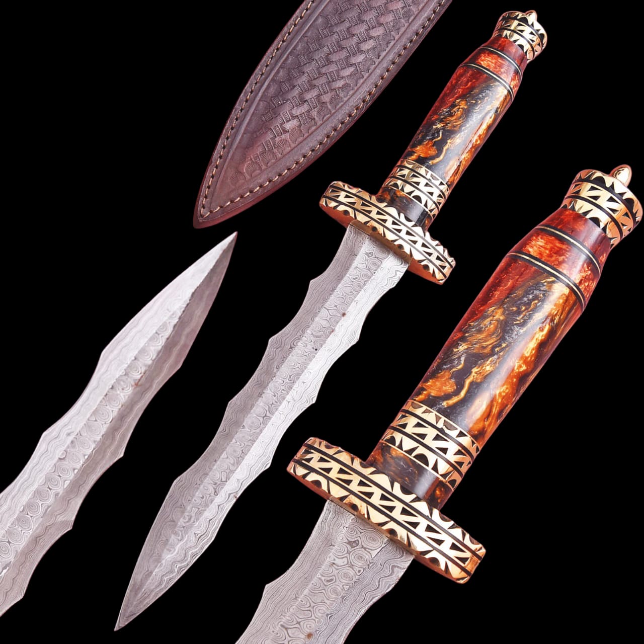 JS Damascus Steel Dagger Knife, Fiery Resin Handle