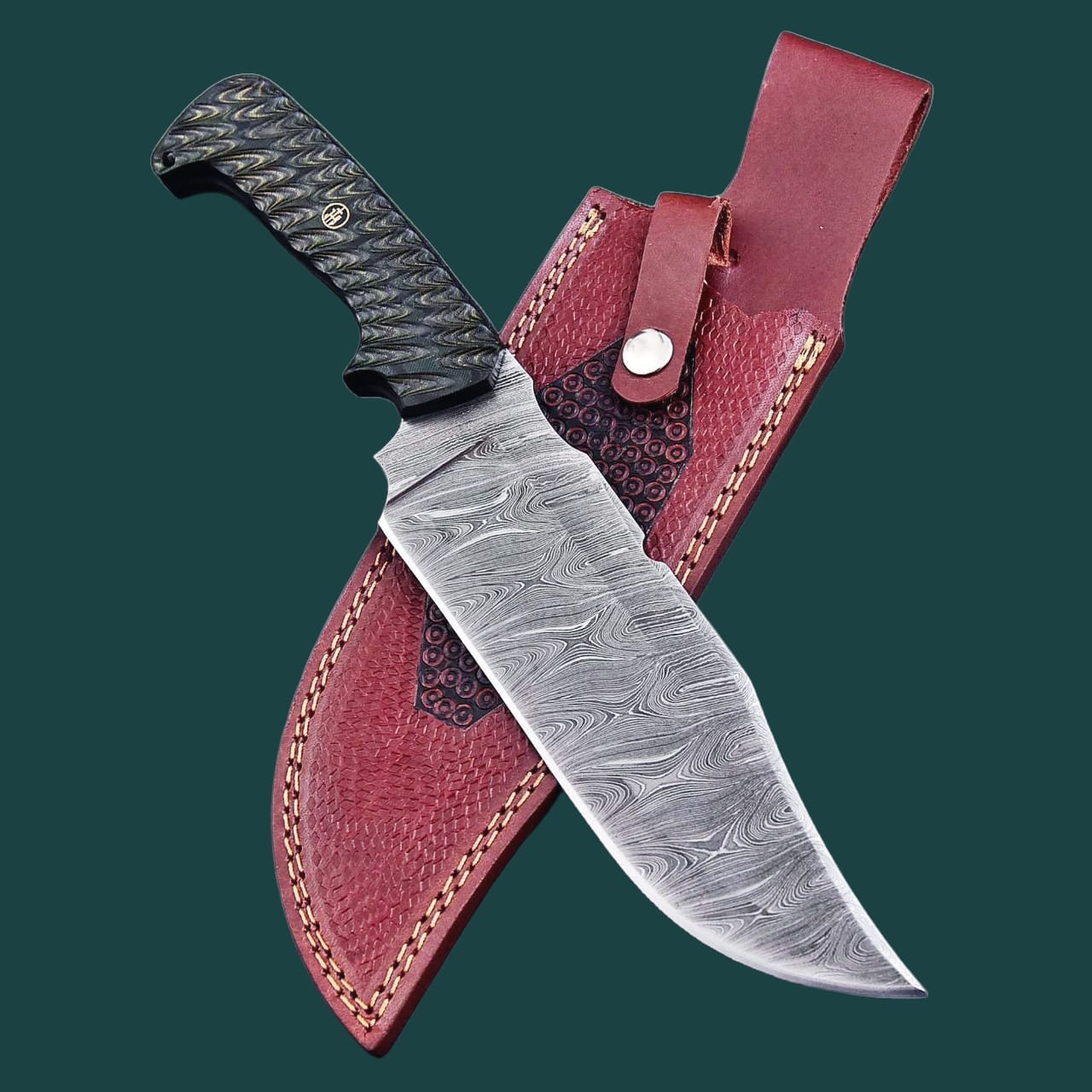 JS Bowie Knife, Full Tang, Damascus Steel Hunting Knife
