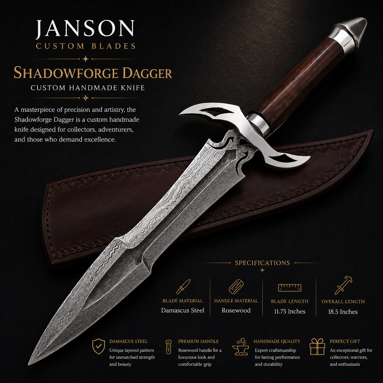 Hand Forged Damascus Steel Dagger with Rosewood Handle,18.5” Collector’s Knife