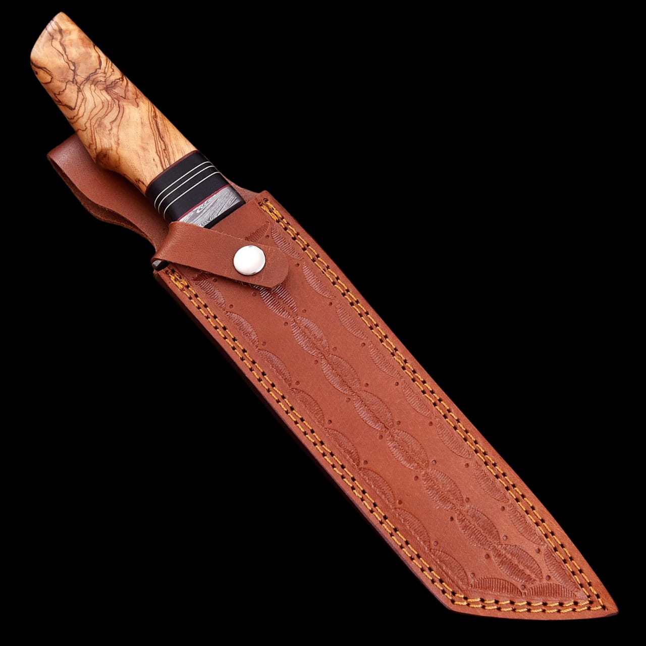 JS Damascus Tanto Knife, Koa Wood Handle