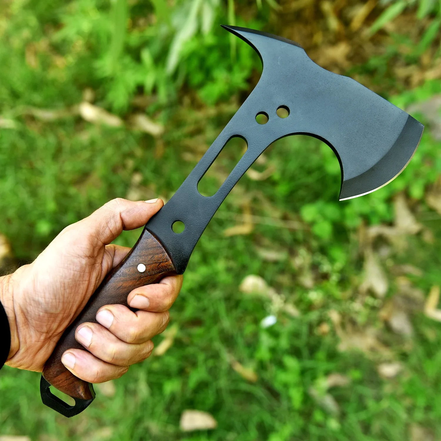 Compact Tomahawk Axe, Handmade Full Tang Hatchet, Rosewood Handle with Leather Sheath
