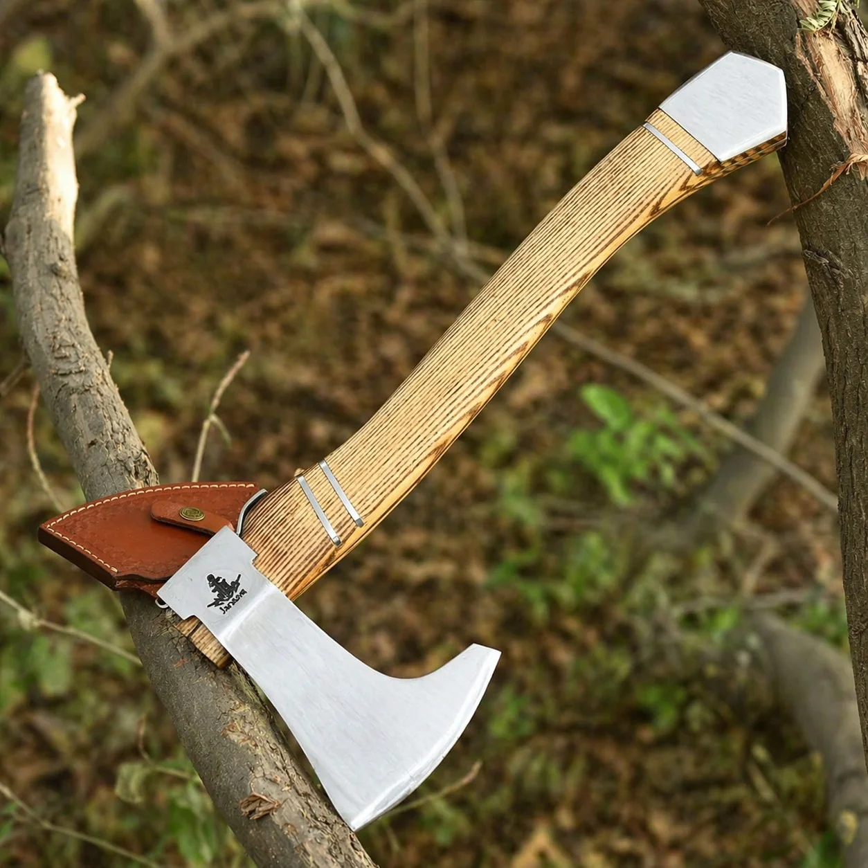 Custom Handmade Forged Camp Axe, Sculpted Ash Wood Handle with Steel Inlays