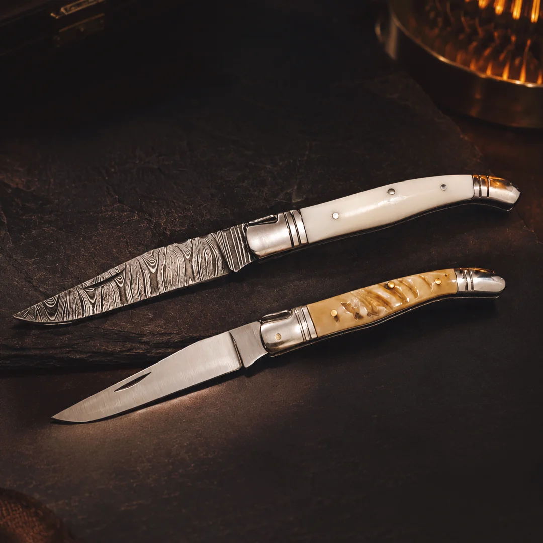 Handmade Folding Knives set, Damascus and 440C Steel EDC Knives with Resin, Ram Horn Handles