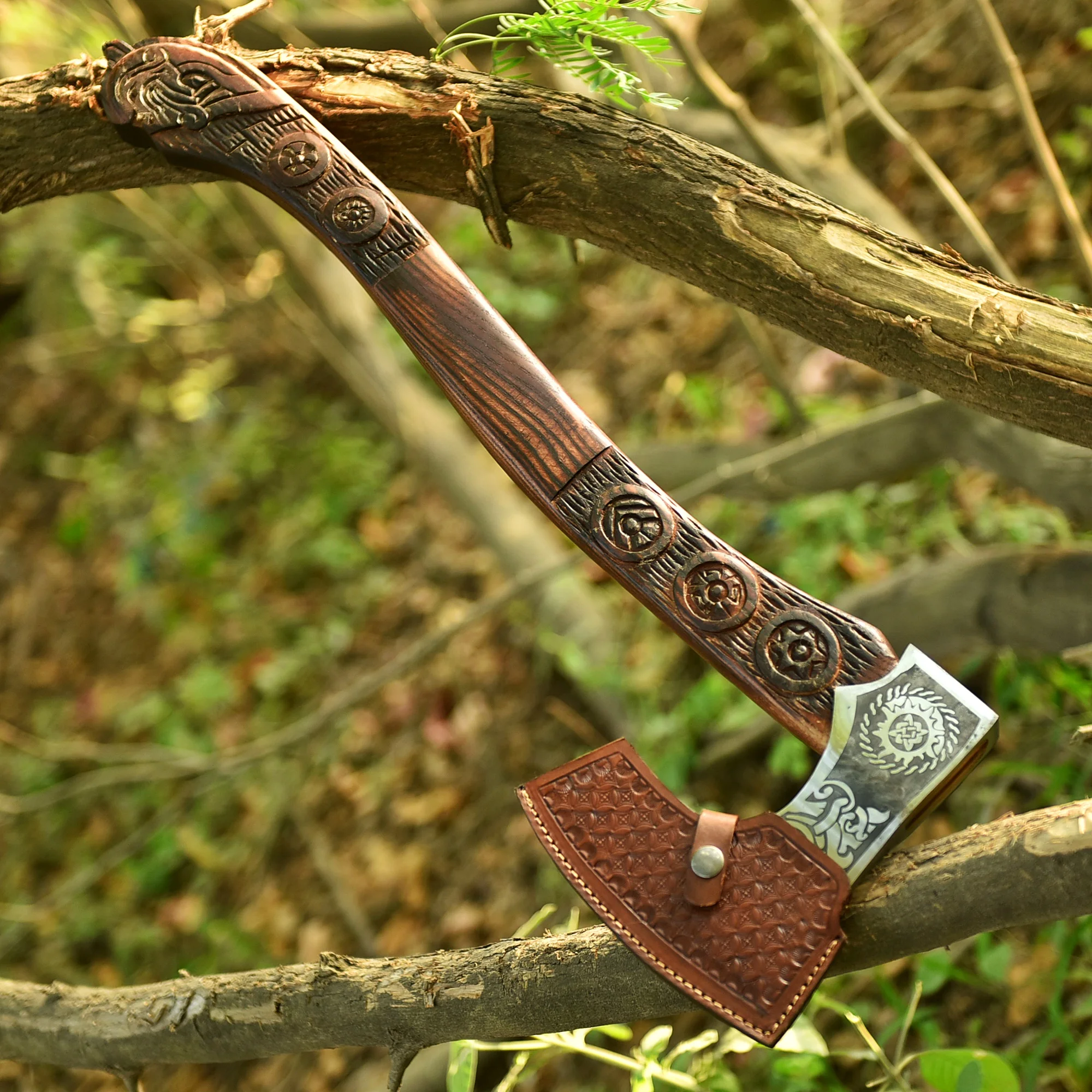 Forged Viking Axe, Handmade Camping Hatchet with Rosewood Handle & Leather Sheath - Image 3