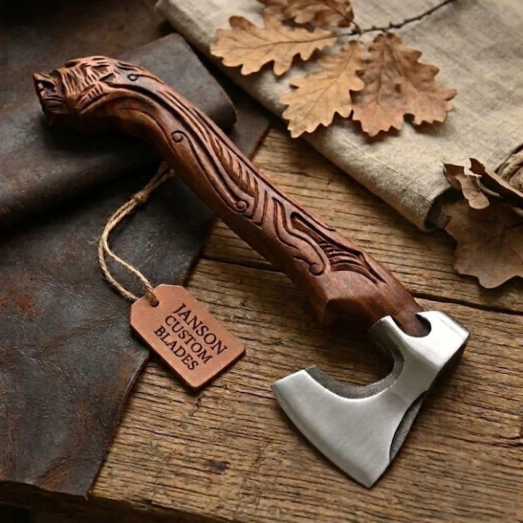 Handmade Viking Axe, Carved Rosewood Handle with Leather Sheath