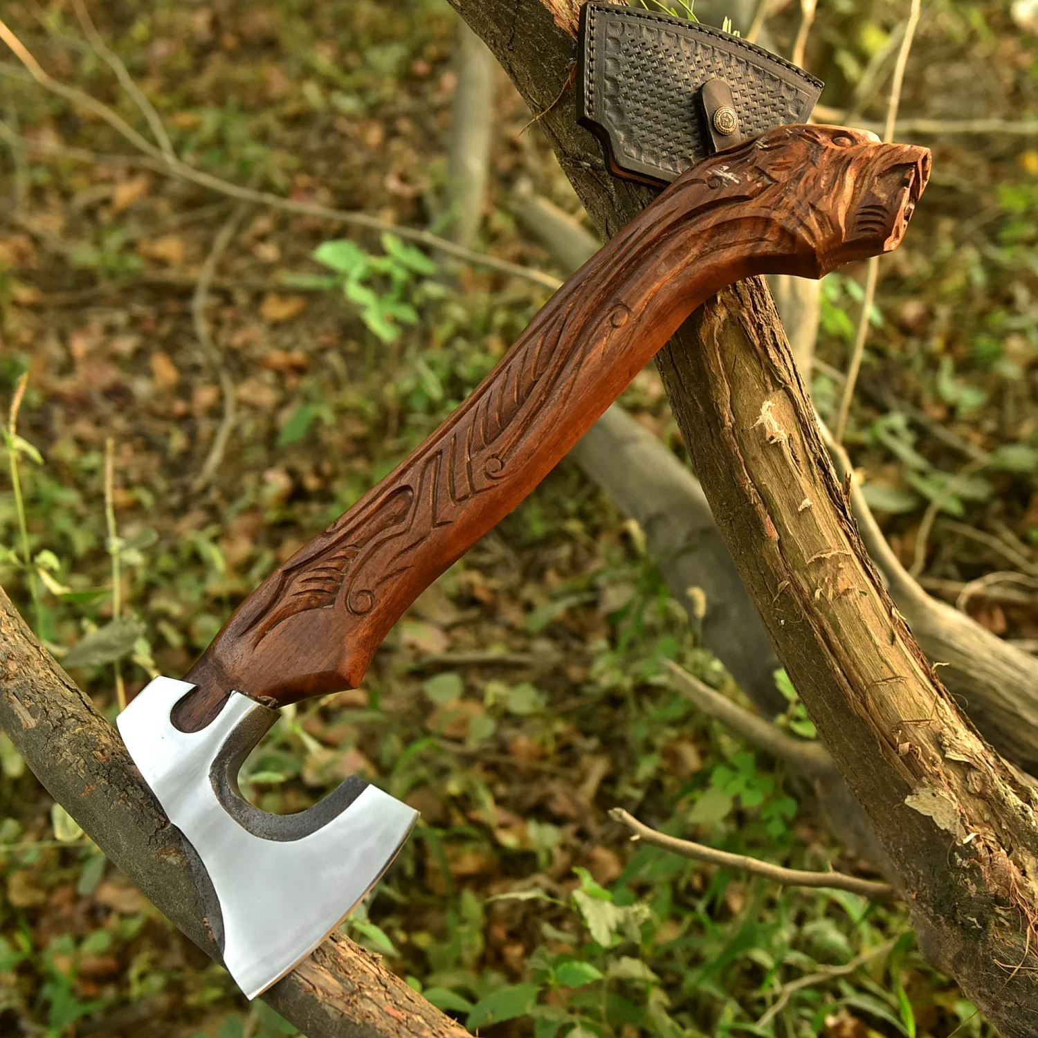 Handmade Viking Axe, Carved Rosewood Handle with Leather Sheath