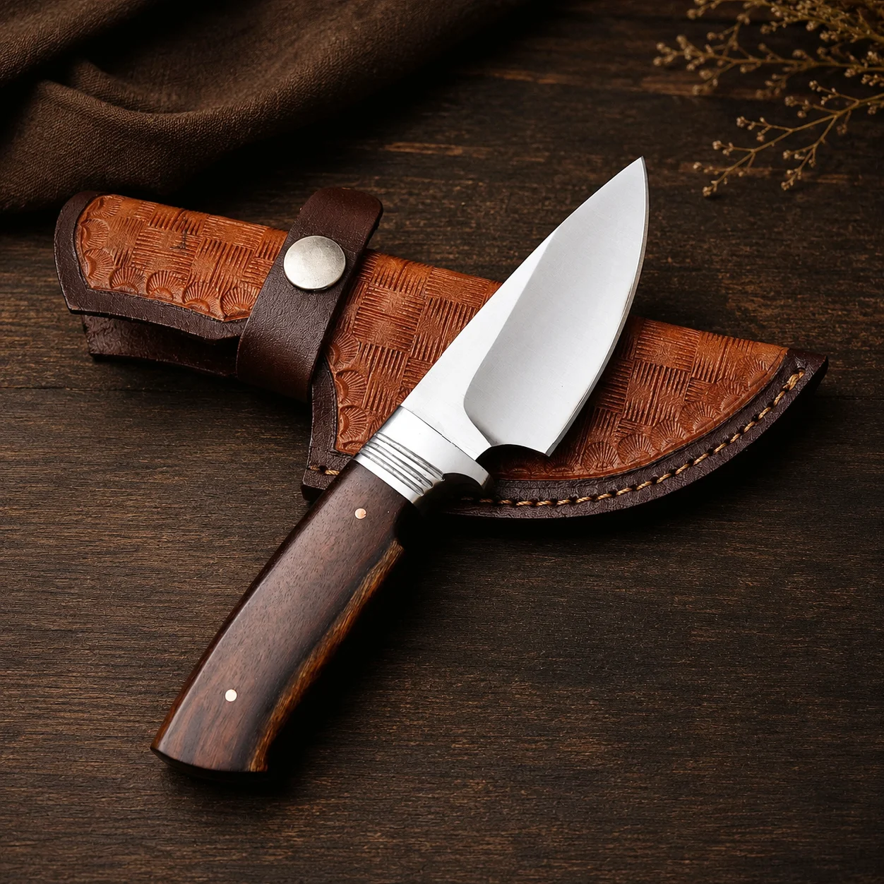 Handmade Hunting Knife, Fixed Blade High Carbon Steel Skinning Knife, Rosewood Handle +Leather Sheath