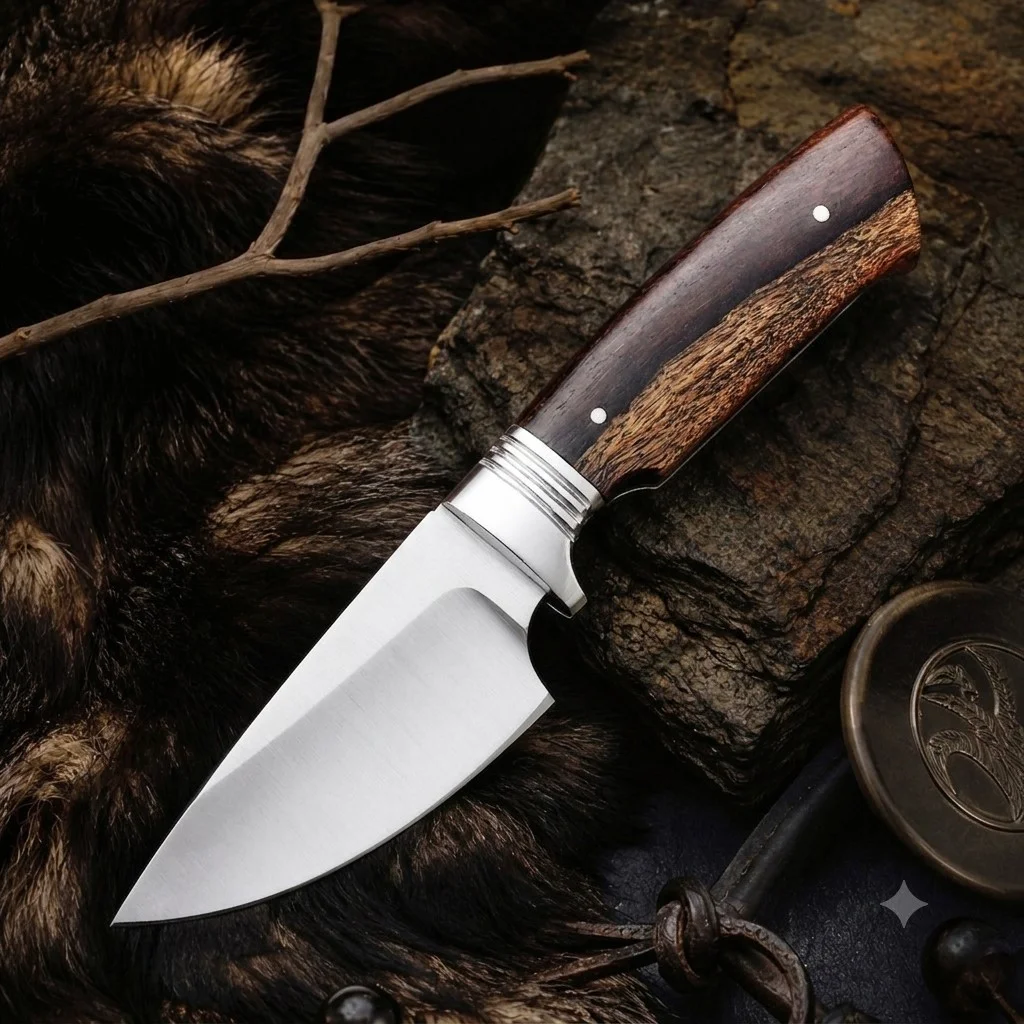 Handmade Hunting Knife, Fixed Blade High Carbon Steel Skinning Knife, Rosewood Handle +Leather Sheath