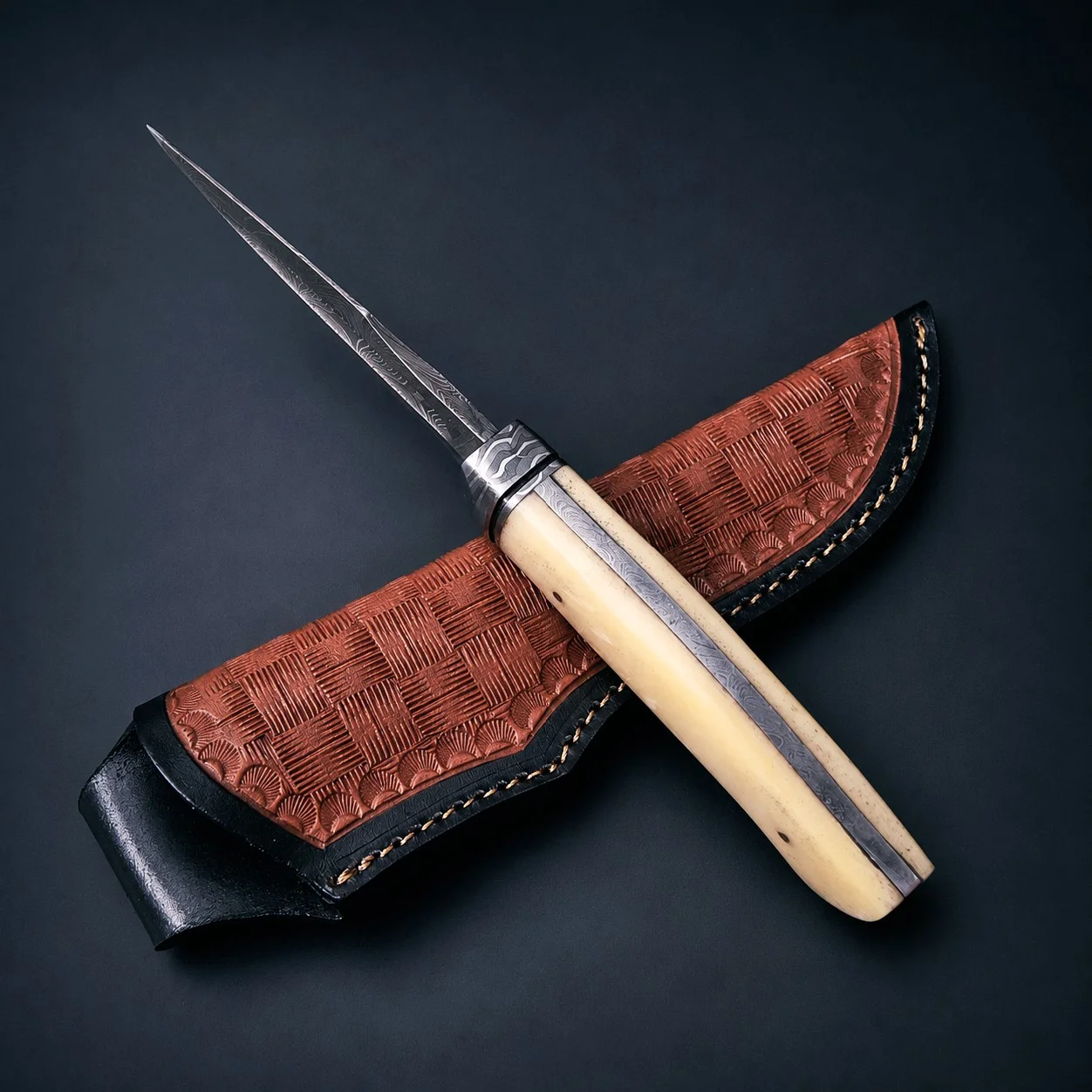 Handmade Damascus Hunting Knife, Camel Bone Handle, Full Tang Outdoor Knife with Leather Sheath