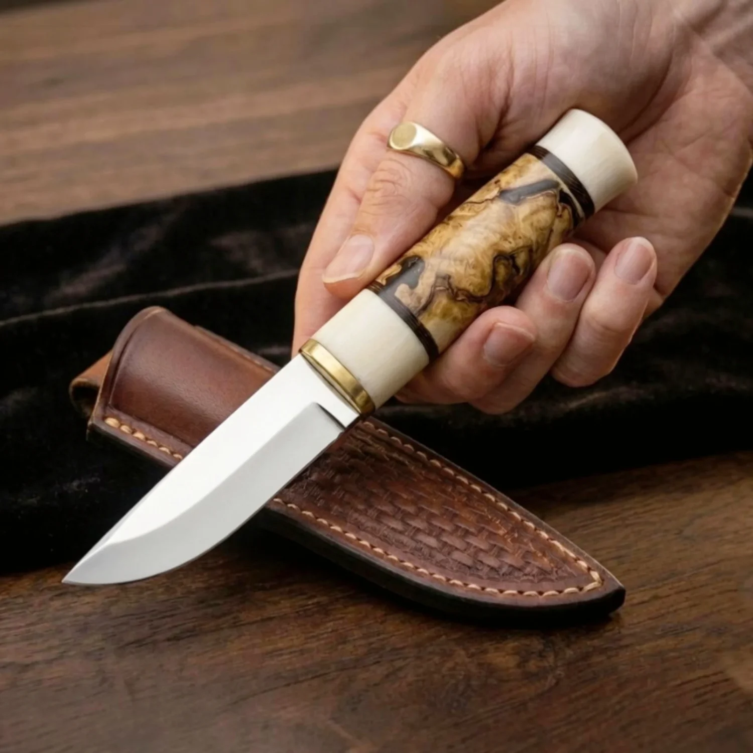 Handmade Bushcraft Knife, Fixed Blade with Camel Bone & Wood Handle