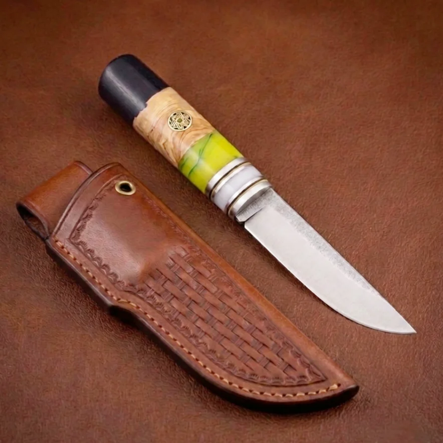 Handmade Bushcraft Knife, Fixed Blade with Camel Bone & Wood Handle